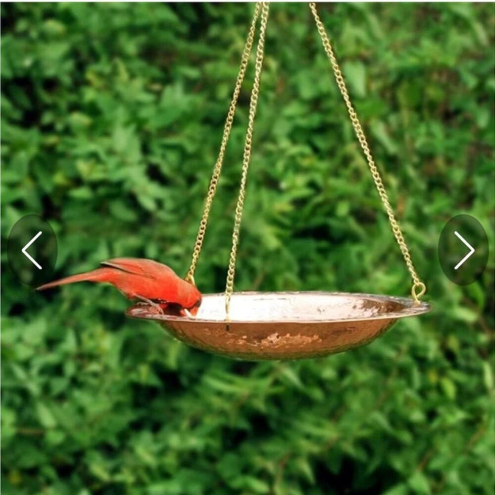 Good Directions Pure Copper Hanging Bird Bath 13.5” Hammered Brass Chain